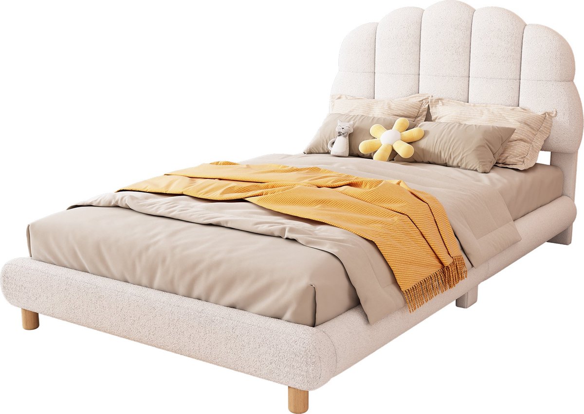 Merax Kinderbed 90x200 cm - Wit Pluche Bed met Zacht Hoofdbord in Bloemen Vorm