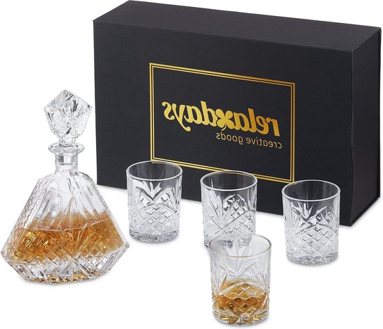Relaxdays whiskeyset 5-delig, karaf 800 ml, 4 whiskeyglazen van 310 ml, cadeau set met geschenkdoos, transparant