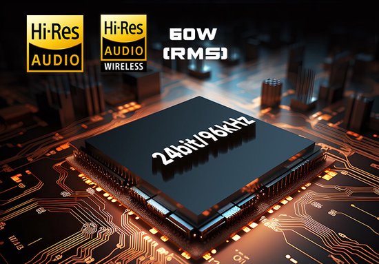 Close-up van een computerchip met de tekst '24bit/96kHz', '60W (RMS)' en 'Hi-Res Audio Wireless' stickers.