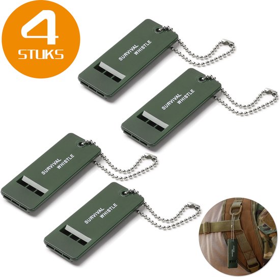 Set van vier groene survivalfluitjes met sleutelkoord, tekst 'SURVIVAL WHISTLE' en metalen ring.