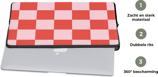 Housse pour ordinateur portable 15,6 pouces - Motif damier - Rouge - Rose - Blocs - Housse pour ordinateur portable - Dimensions intérieures 37x26 cm - Dos noir