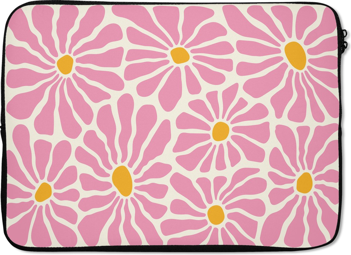 Laptophoes 14 inch - Bloemen - Patroon - Roze - Beige - Oranje - Laptop sleeve - Binnenmaat 33x23 cm - Zwarte achterkant