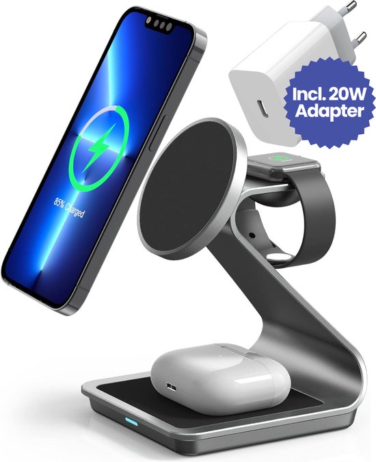 Good Experience - Draadloze Oplader iPhone - 3 in 1 Draadloze Oplader - MagSafe Oplader - Geschikt voor iPhone 16 15 14 13 - Geschikt voor Apple Watch & Airpods - Oplaadstation Incl. Snellader - Wireless Charger