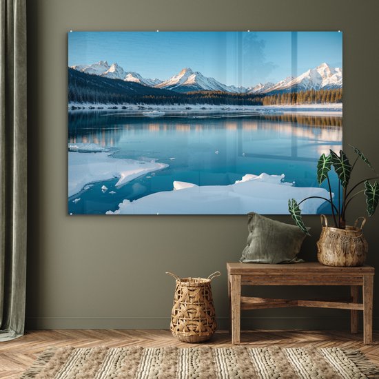MuchoWow® Peinture sur verre 180x120 cm - Peinture sur verre acrylique - Paysage - Hiver - Lac - Montagnes - Vue - Glace - Photo sur verre - Décoration murale salon - Décoration murale chambre - Peintures