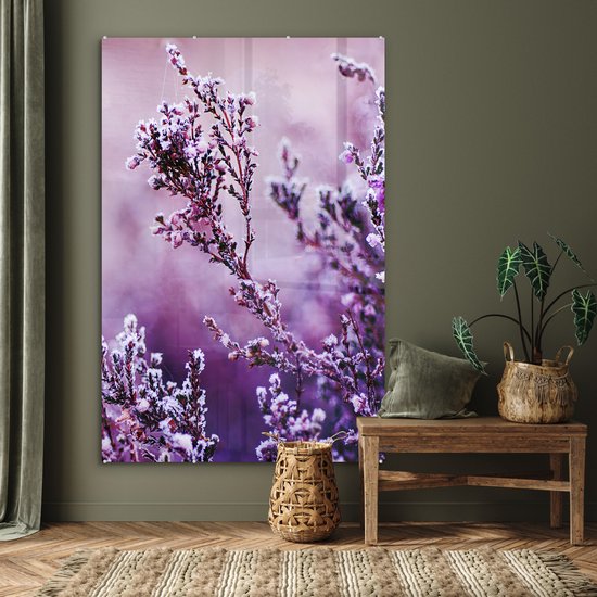 MuchoWow® Glasschilderij 120x180 cm - Schilderij acrylglas - Lavendel - Winter - Bloemen - Paars - Foto op glas - Muurdecoratie woonkamer - Wanddecoratie slaapkamer - Schilderijen