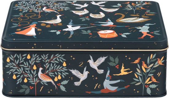 Boîte de conservation rectangulaire sur fond bleu foncé, décorée d'une scène de Noël avec des oiseaux, des arbres et des personnages en or et rouge.