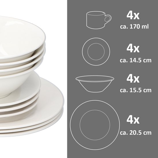 alpina 16-delig Ontbijtservies - 4 Borden - 4 Kommen - 4 Koppen - 4 Schotels - Aardewerk - Wit — afbeelding 4