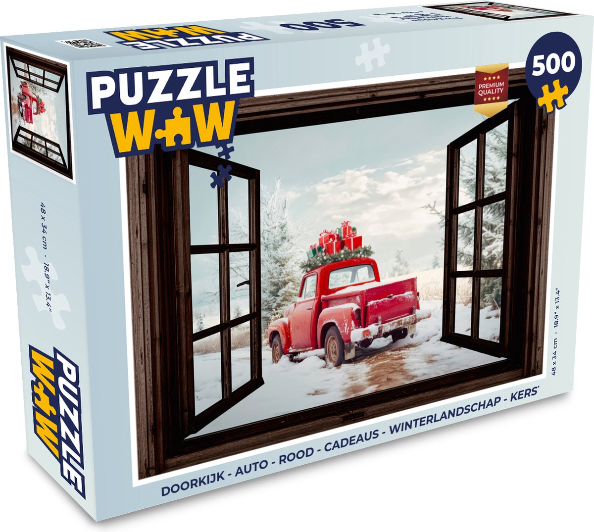 Puzzel Doorkijk - Auto - Rood - Cadeaus - Winterlandschap - Kerst - Legpuzzel - Puzzel 500 stukjes - Kerst - Cadeau - Kerstcadeau voor mannen, vrouwen en kinderen