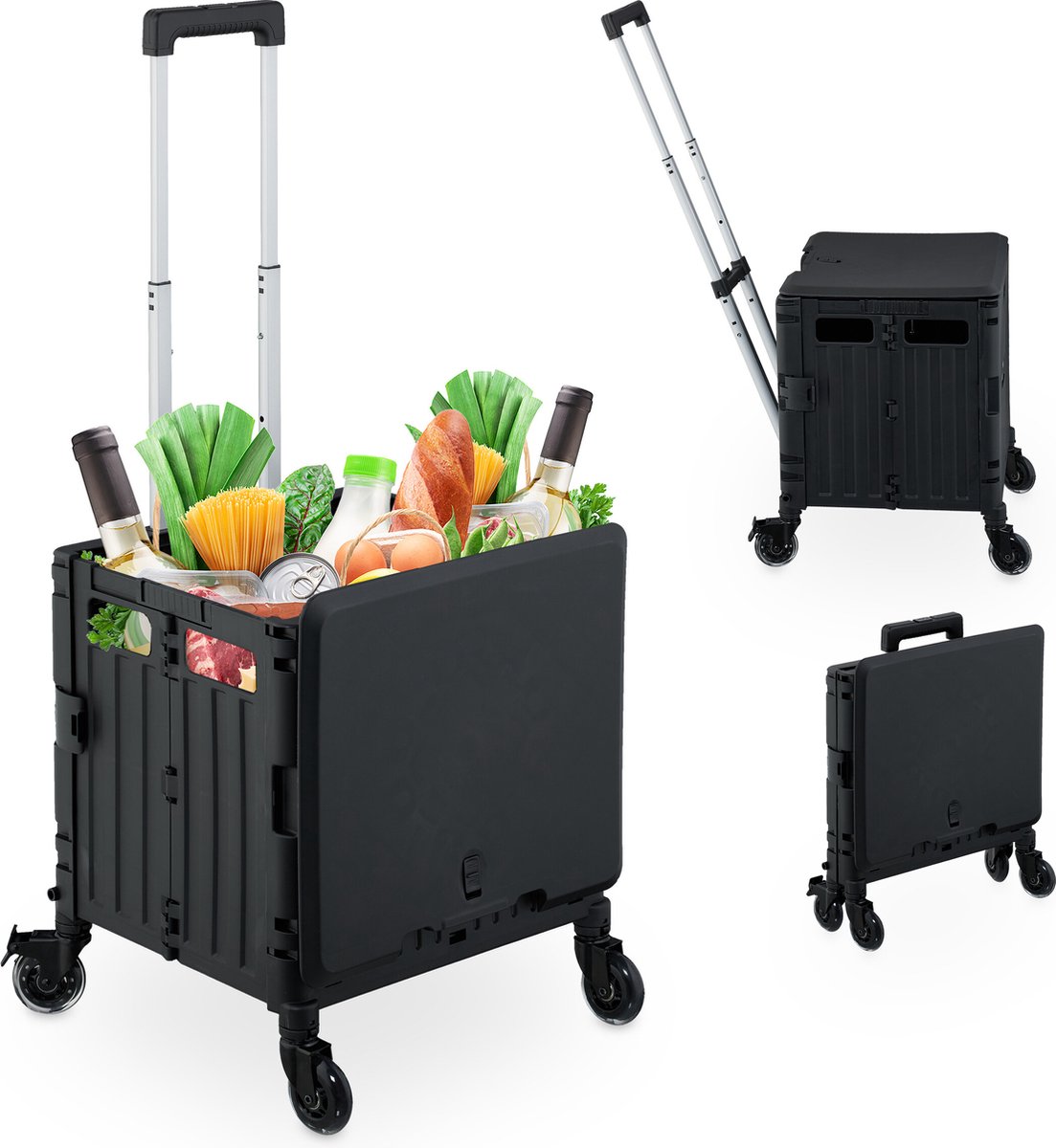 boodschappentrolley op wielen - opvouwbaar - tot 35 kg - kantelbare handgreep - zwart