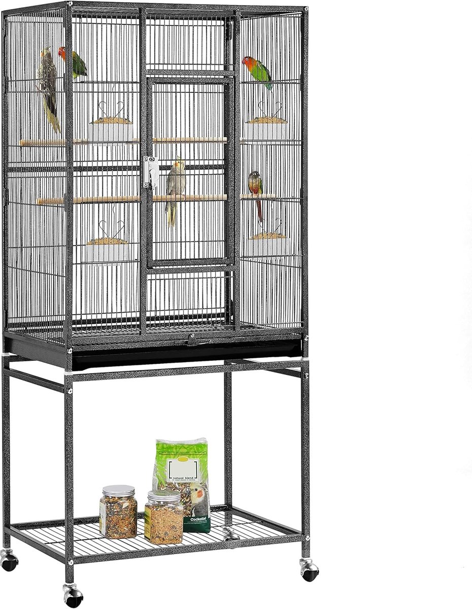 Vogelvolière volière groot vogelhuis met wieltjes voor naamphensitten, papegaaien, 62 x 43 x 136cm , HMTM-BC-10017-Black