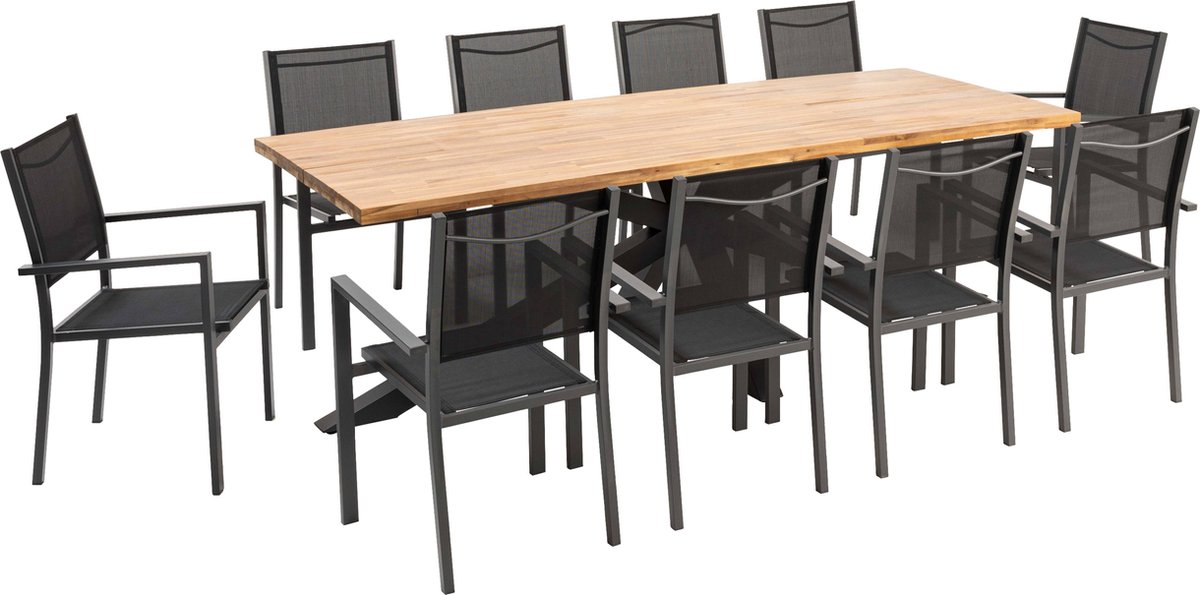 Aluminium en acacia tuintafel met 10 stoelen van Oviala.