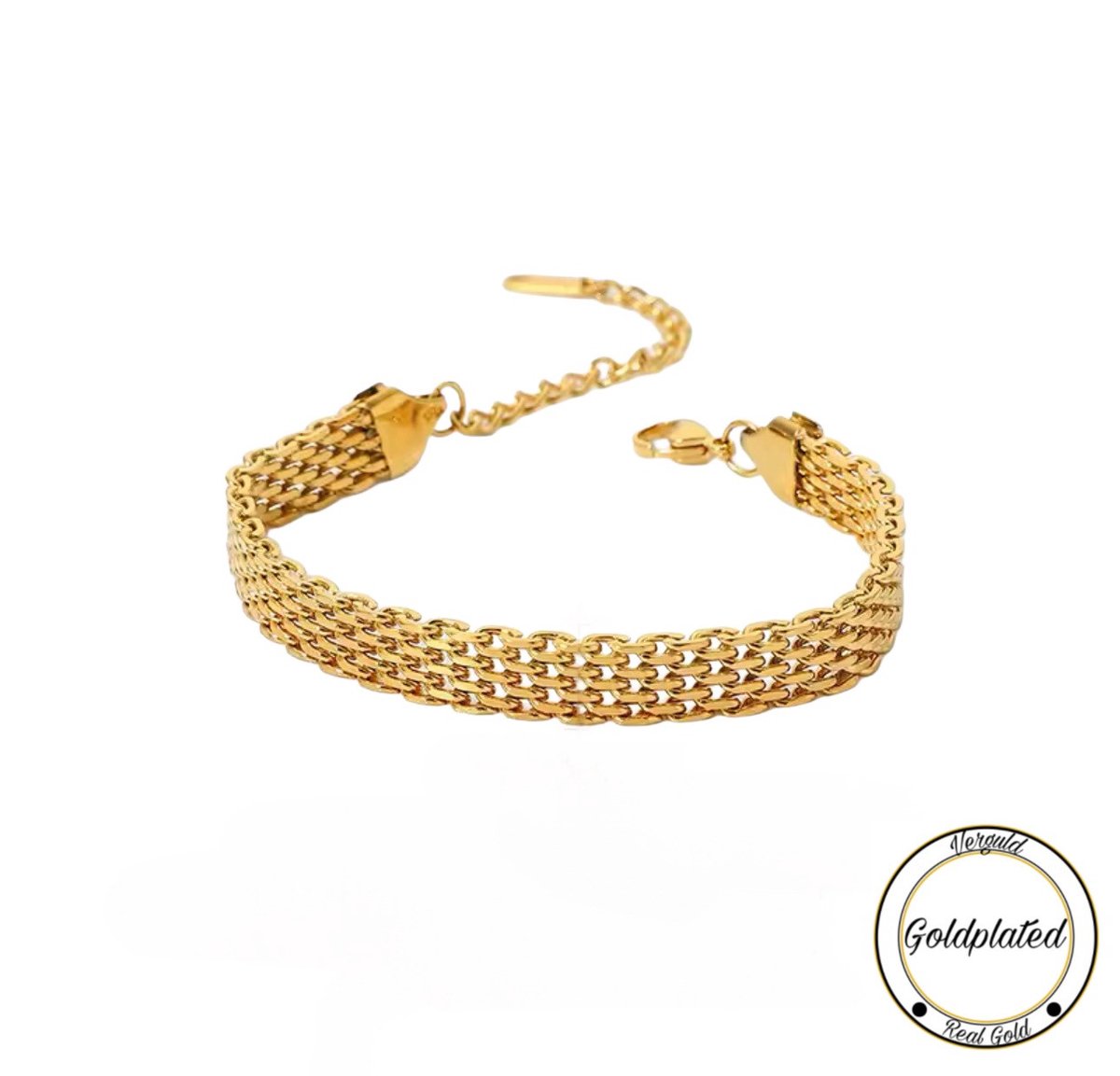 Borasi Platte Schakel Armband | Goldplated | Roestvrij Staal | 17cm tot 22 cm Verstelbaar | Goudkleurig | Dames Sieraden |