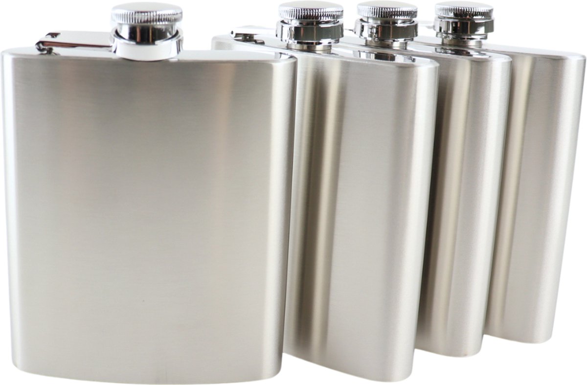 HIXA Heupfles - RVS - 200 ml - 4 Stuks - Platvink - Zakflacon - Drankflacon - Zilver