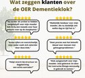 Collage met klantbeoordelingen voor de OER Dementieklok, met sterren en tekstballonnen.