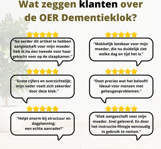 Collage met klantbeoordelingen voor de OER Dementieklok, met sterren en tekstballonnen.
