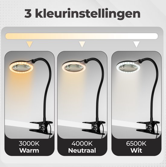 Drie kleuropties voor de loeplamp: warm (3000K), neutraal (4000K) en wit (6500K).