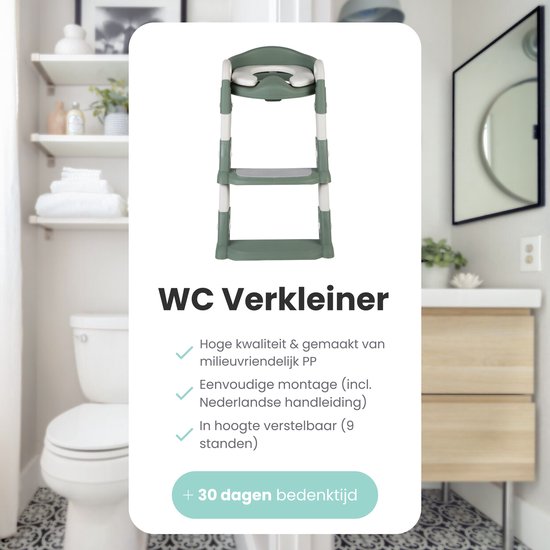 Groene WC verkleiner met witte treden en handvatten, boven een toilet in een badkamer.