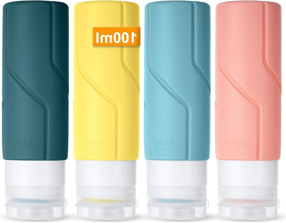 Image of 4-Piece Travel Bottle - Waterproof Silicone Travel Bottle 100 ml - Small Empty Bottle for Shampoo Lotion - Shower Gel Cream Cosmetics - BPA-Free Leak-Proof