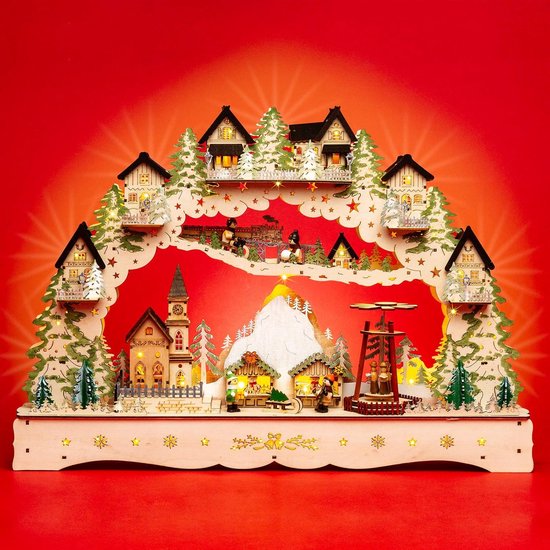 Verlichte LED XL Houten Lichtboog: Betoverend Berg-Kerstdorp Met Draaiende Piramide En Transformator