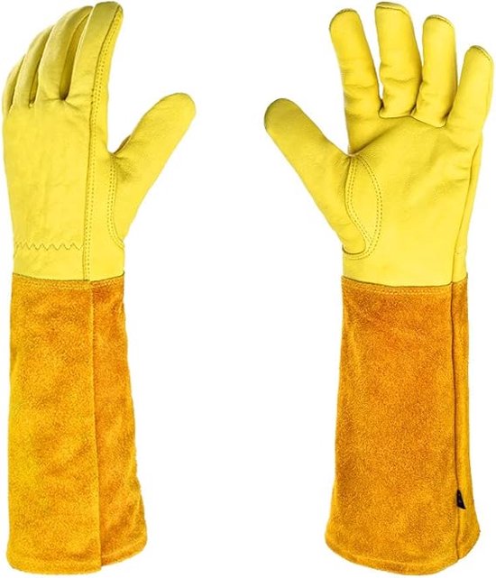 1 paar tuinhandschoenen - doornbestendig rundleer - snoeien van rozen/bramen - lange onderarmbescherming - doornbestendig snijbestendig lange lederen tuinhandschoenen - handschoenen voor zwaar gebruik - unisex - geel - maat L