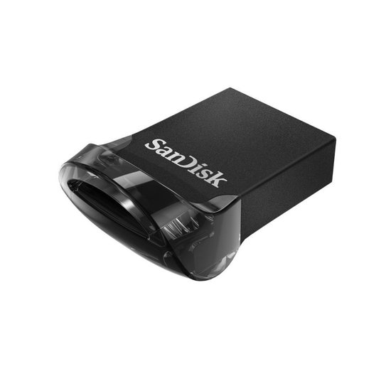 Zwarte SanDisk USB-stick met transparant kapje, vanuit een hoek gezien.