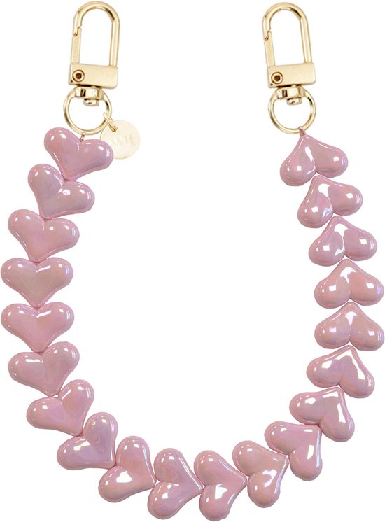 Telefoonkoord Funky Hearts roze metaal | universeel telefoonketting met hartjes bedel voor iPhone & Samsung