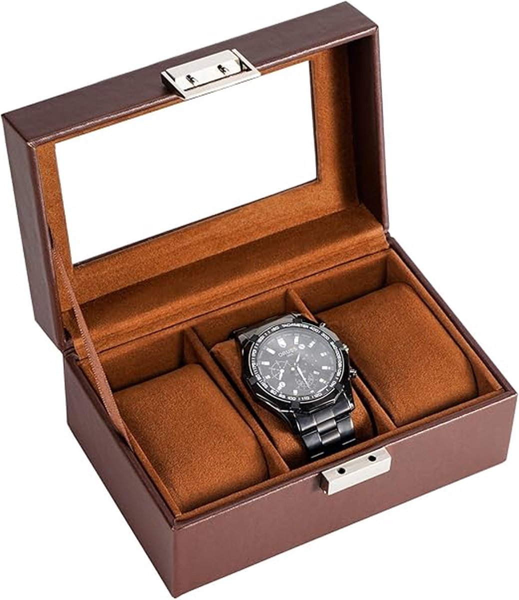 Horlogedoos voor heren, schokbestendig, met 3 vakken voor horlogekussen, opslag van horloges met glazen deksel, voor horloge-enthousiast, bruin