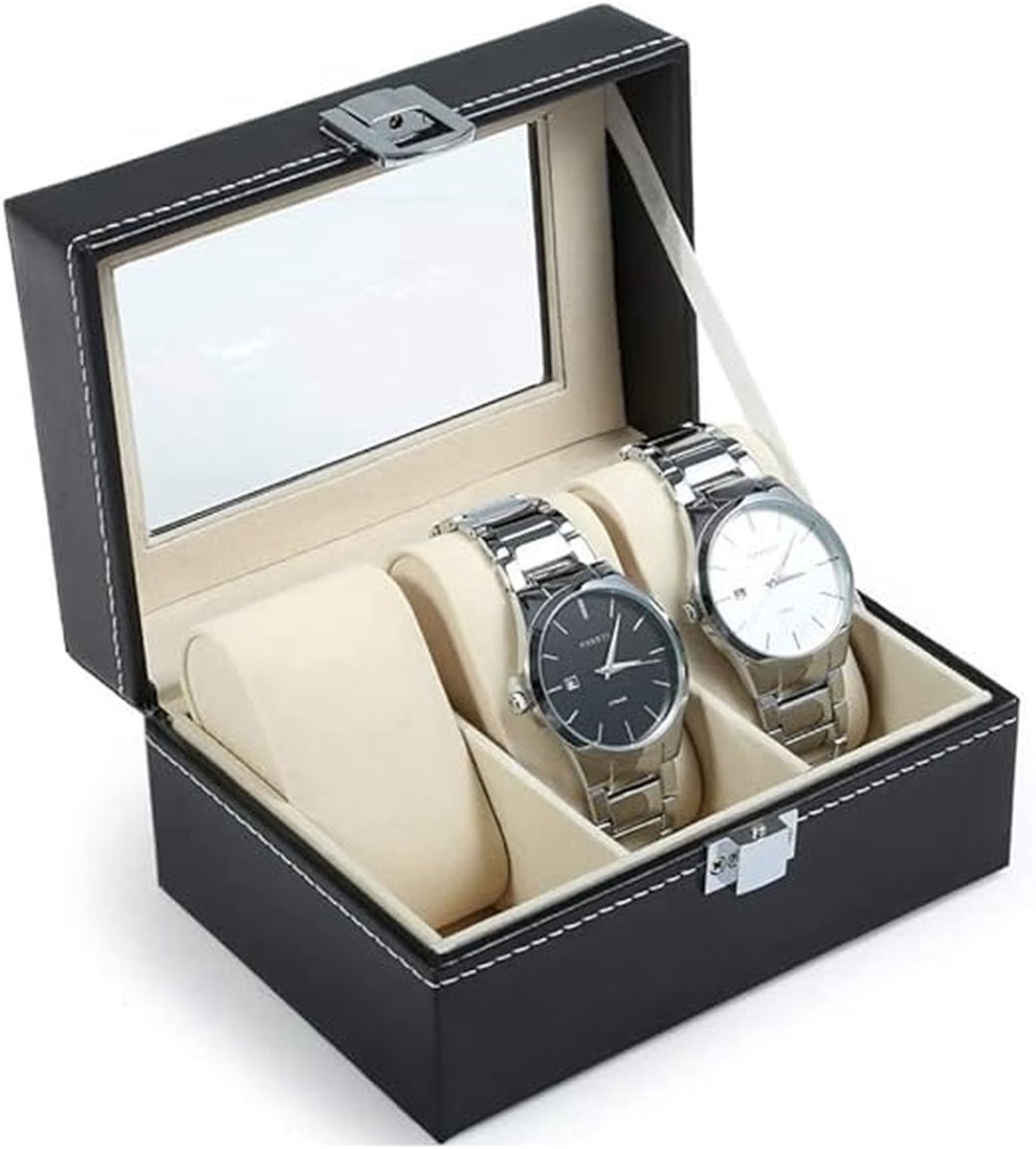 Horlogedoos met 3 vakken, horlogedoos, opslag voor horloges van pu-leer met glazen deksel, cadeau voor familie en vrienden, zwart