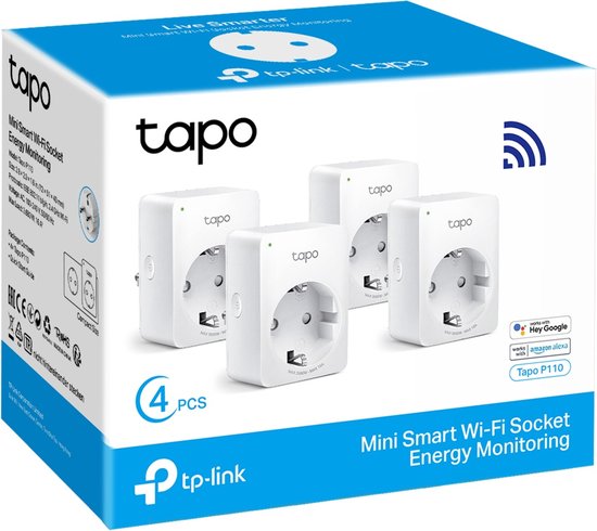 Doos met vier witte Tapo P110 slimme stekkers met energiebewaking. "4 PCS" is zichtbaar.