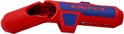 Rood en blauw Knipex ontmantelingsgereedschap met scharnierende opening, zij-aanzicht.