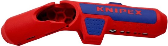 Rood en blauw Knipex ontmantelingsgereedschap met scharnierende opening, zij-aanzicht.