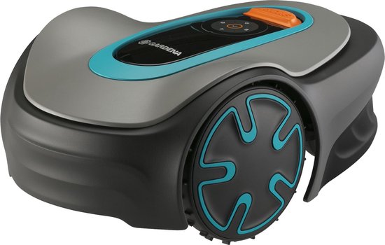 Robotmaaier in het grijs met turkooizen randen, een zwart en oranje bedieningspaneel.