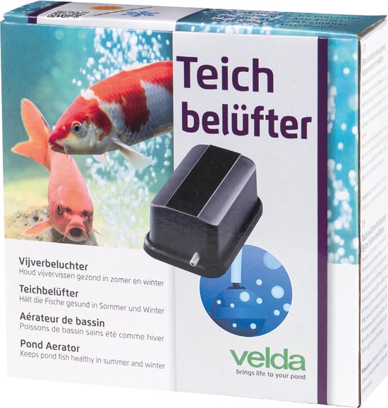 Verpakking met Teich belüfter en twee vissen. Beschrijft 'Vijverbeluchter' en 'Houd vijvervissen gezond in zomer en winter'.