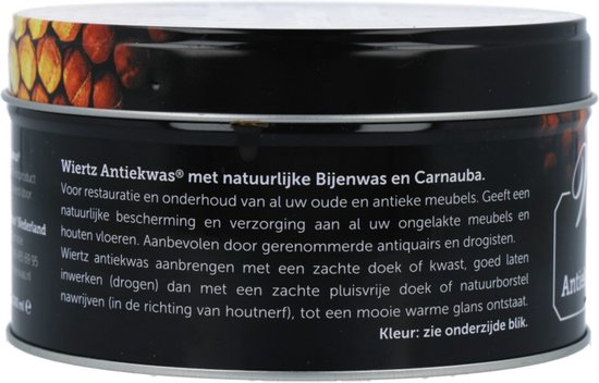 Zwarte blik met 'Wiertz Antiekwas met natuurlijke Bijenwas en Carnauba'.