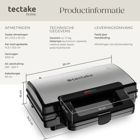 Tectake Tosti Ijzer 1000W Aluminium Behuizing Duo Ijzer Tosti 
