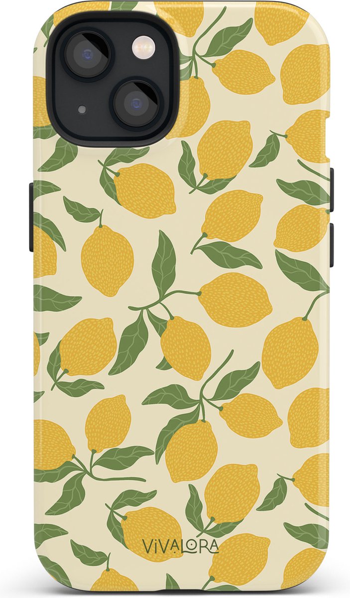 VivaLora Tough Telefoonhoesje iPhone 13 Mini met MagSafe - Lemon Crush Print - 2-in-1 Phone Case - Hard Case & Siliconen Back - Citroenen Dessin - Extra Bescherming - Shockproof - Citroenen Dessin - Geel/Groen