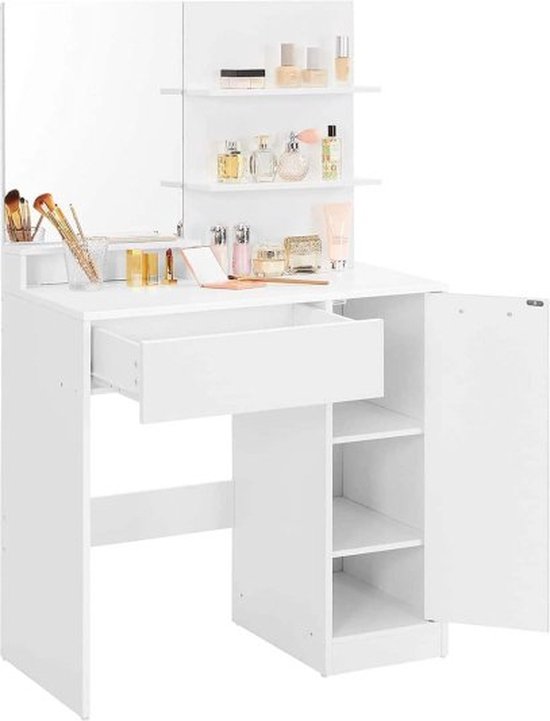 Kaptafel, make up tafel met spiegel en opbergvak, 1 lade, 2 legplanken, wit