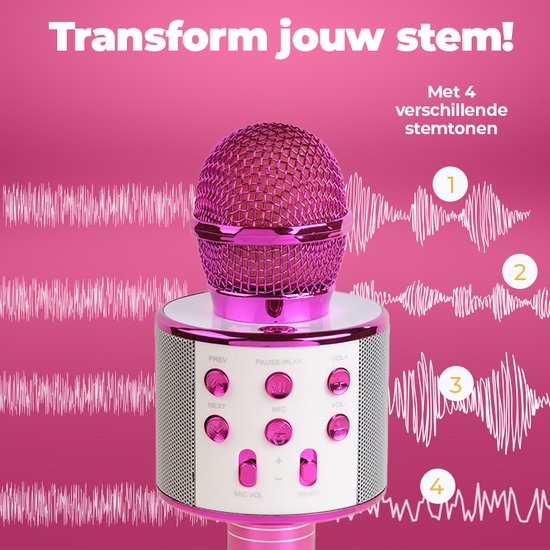 Roze microfoon met witte knoppen en 'Transform jouw stem!' tekst, met weergave van 4 stemgolven.
