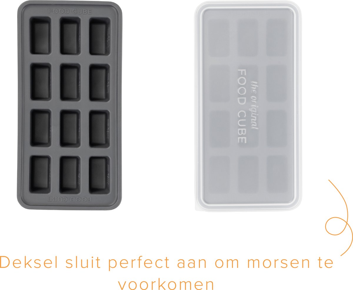 Foodcube – Babyvoedingbewaarbakje – Meal prep bakje – Diepvriesbakje – Vershoudbakje – 100% siliconen vriezer tray met deksel – BPA vrij – Geschikt voor Vriezer, Magnetron, Oven & Vaatwasser – 12x30ML - Grijs