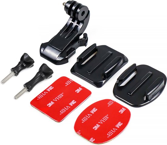 Ensemble de fixation noir pour GoPro avec vis, tampons adhésifs et divers supports.