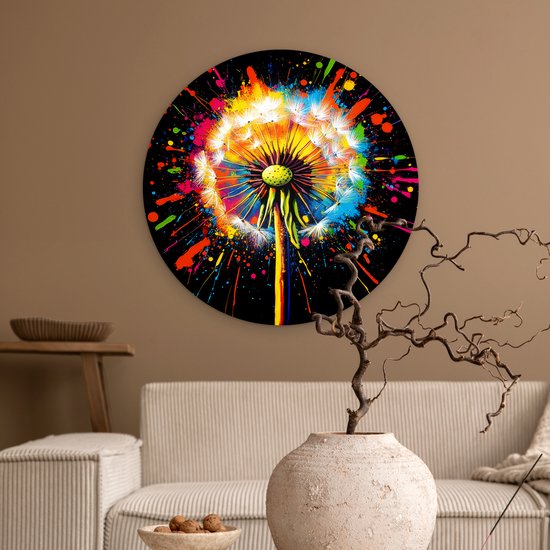 WallCircle® Wandcirkel 60x60 cm - Muurcirkel Paardenbloem - Graffiti - Kleurrijk - Bloemen - Natuur - Muurdecoratie woonkamer - Wanddecoratie slaapkamer - Kamer decoratie accessoires - Ronde schilderijen