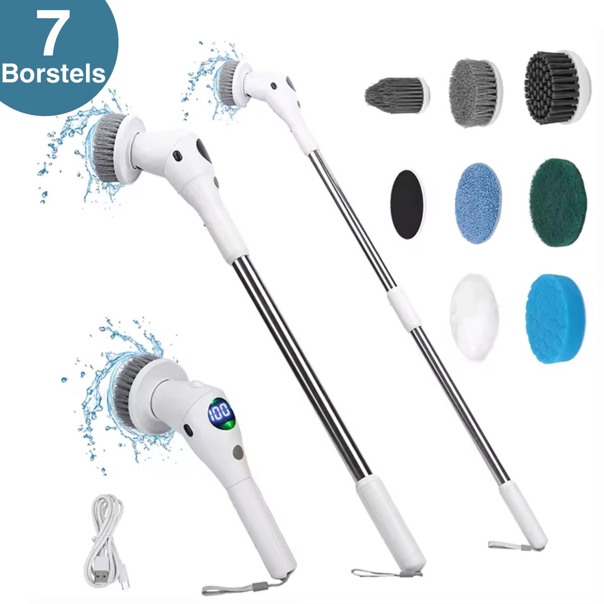 Goedkoopste Lodgy® Elektrische Schoonmaakborstel - Schoonmaakborstel - Schrobber met Steel - Schrobmachine - Schrobborstel - Wasborstel met Telescopische Steel - 7 Opzetstukken