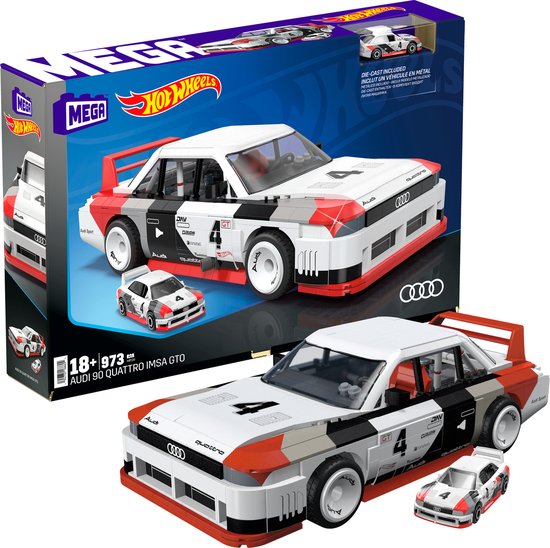 MEGA Hot Wheels Collectible Car Building Toy, Audi 90 Quattro IMSA GTO with 973 Parts and Metal Model, Collector Building and Show Set, Red, HRY20