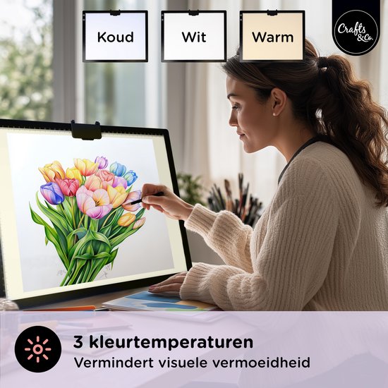 Une femme dessine un bouquet coloré de tulipes sur une tablette lumineuse avec des températures de couleur réglables : froid, blanc et chaud.