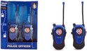 Blauwe politie walkie talkies met politie-logo en antenne, in verpakking en los.