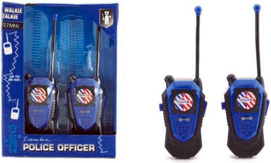 Blauwe politie walkie talkies met politie-logo en antenne, in verpakking en los.