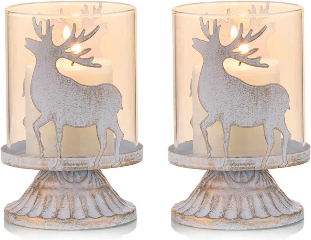 Vintage Antieke Metalen Staande Kandelaars - Distressed Hurricane - Set van 2 - Hert