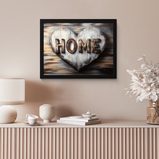 Poster in lijst - Fotolijst 40x30 cm - Posters - Home - Hart - Houtlook - Liefde - Posterlijst zwart - Decoratie - Wanddecoratie woonkamer - Muurdecoratie slaapkamer