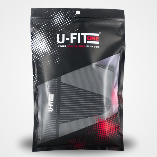 Verpakking van U-Fit ONE zwarte en grijze compressie beenbraces met rode accenten.
