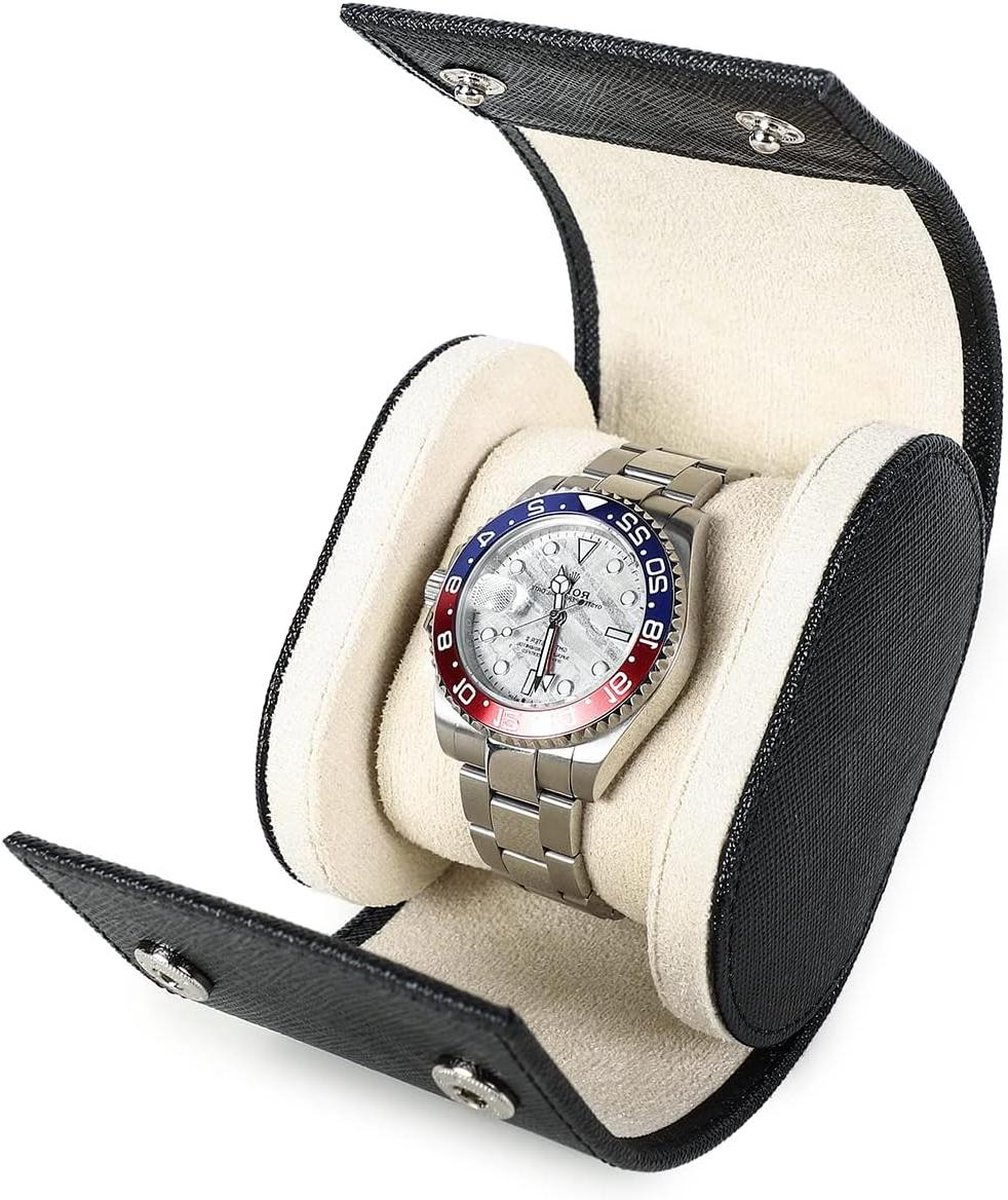 Opberghorlogekast van Echt Leer voor 1 Horloge - Handgemaakt Saffiano Lederen Reishorloge Draagbare Opbergdoos met Kussens - Snag Montage Ontwerp - Zwart